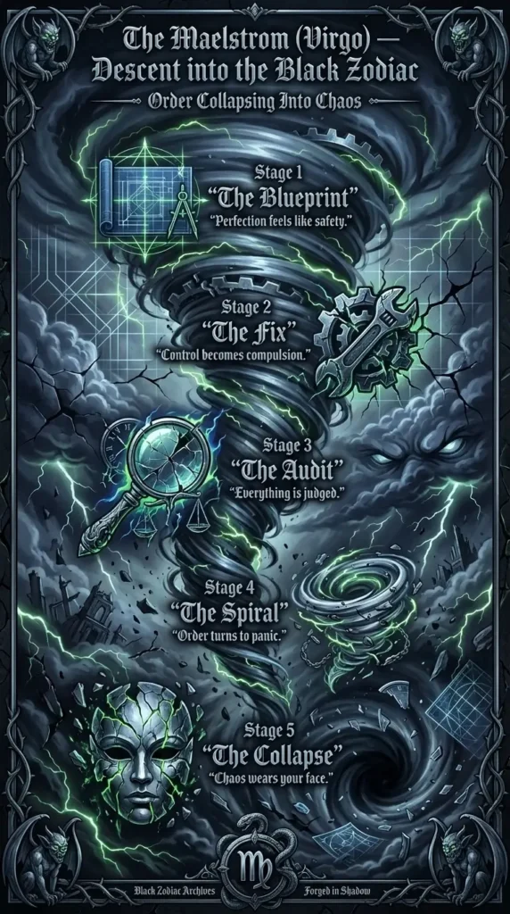 Dark gothic 9:16 infographic titled ‘The Maelstrom (Virgo) — Descent into the Black Zodiac’ with subtitle ‘Order Collapsing Into Chaos,’ showing a spiral storm timeline with five stages—The Blueprint, The Fix, The Audit, The Spiral, and The Collapse—using cold steel dividers, rune accents, and storm-blue lighting; footer reads ‘VIRGO: THE MAELSTROM’S FRACTURED PATH TO THE BLACK ZODIAC.