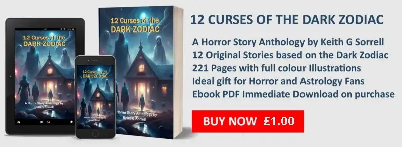 Advert for the 12 Curses of the Dark Zodiac horror stories anthology book shows cover and blurb