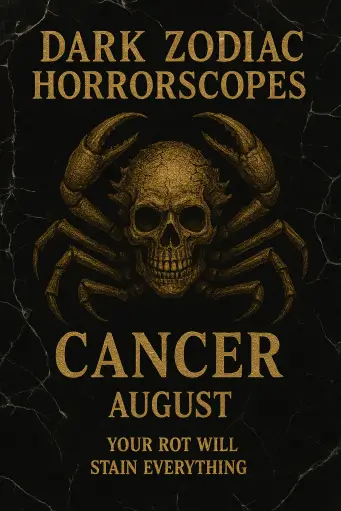 Dark horror poster of a skeletal crab with a skull face for Cancer, captioned “Your rot will stain everything.
