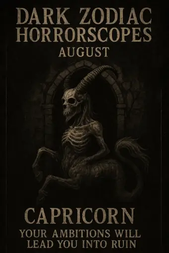 Goat-skulled skeletal Capricorn creature within a stone arch, captioned “Your ambitions will lead you into ruin.”