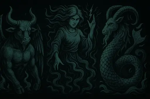 A deep-green, shadowy triptych of the Earth signs in the Black style: Taurus as a muscular winged bull demon, Virgo as a flowing-haired sorceress wielding lightning, and Capricorn as a scaled sea goat, all framed in swirling dark smoke on black.
