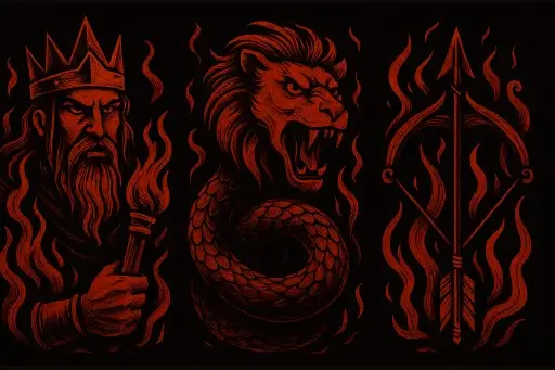 A dark, fiery triptych of the zodiac elements Fire signs in the Black Zodiac style: Aries as a crowned tyrant clutching a flaming torch, Leo as a roaring serpent-bodied lion, and Sagittarius as a bow and arrow wreathed in swirling flames, all drawn in glowing red-orange etching against black.