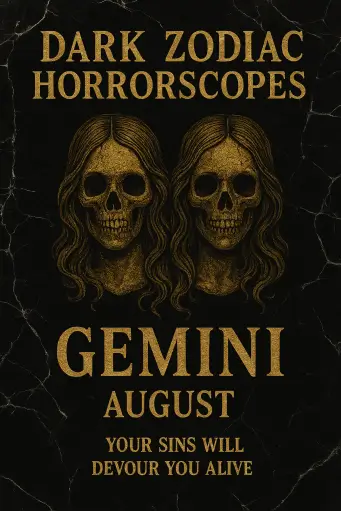 Horrorscopes for August - Gothic twin skulls representing Gemini, with the warning “Your sins will devour you alive