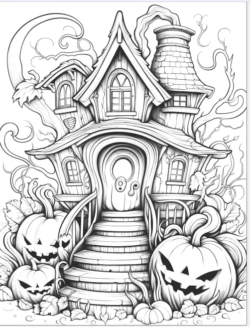 halloween coloring pages with haunted house with carved pumpkins on the steps