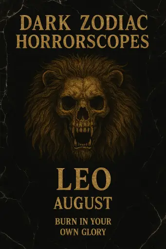 Horror-style Leo image showing a lion skull mid-roar with the phrase “Burn in your own glory.”