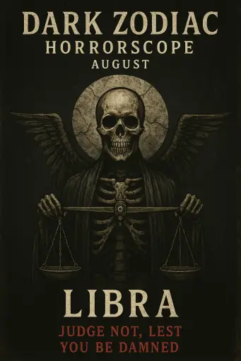 Skeletal angel with scales representing Libra, reading “Judge not, lest you be damned.”