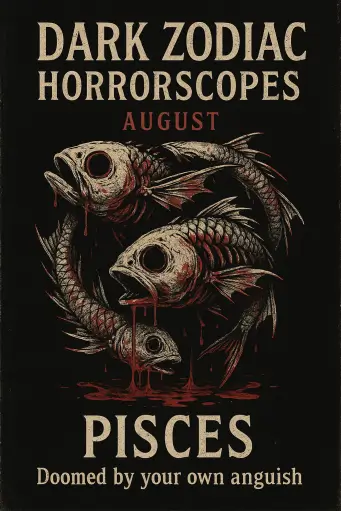 Two skeletal fish, bleeding from hollow eyes and mouths, for Pisces with the quote “Doomed by your own anguish.”