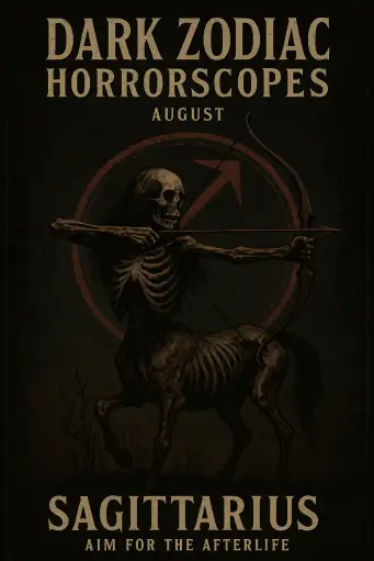 Skeletal centaur drawing a bow for Sagittarius with the message “Aim for the afterlife.”