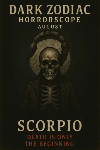  Scorpion-tailed skeleton under a cracked moon for Scorpio, with the words “Death is only the beginning.”