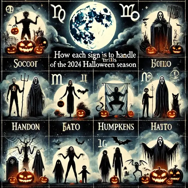 Spooky Halloween Astrology - Witchy characters lit by jack-o’-lanterns under a blood moon sky.