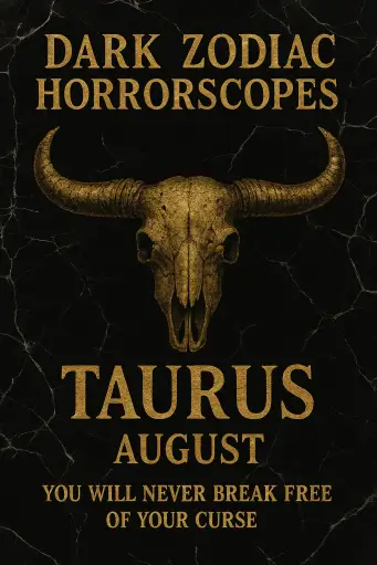 Horrorscopes for August - Horror-themed Taurus poster with a golden bull skull on cracked marble, reading “You will never break free of your curse.