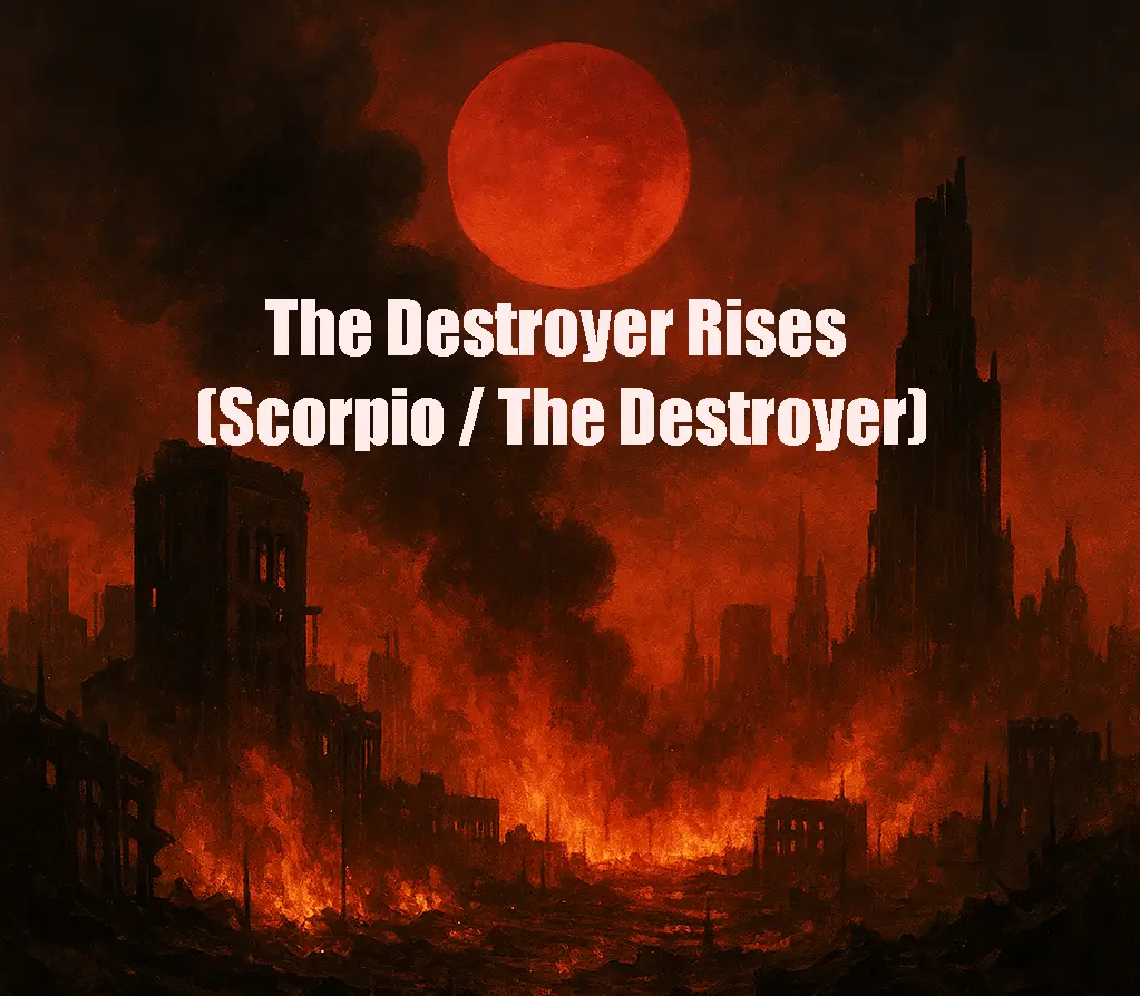 red image of sun and burning city with title: the destroyer rises (scorpio - the destroyer)