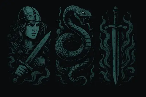 A dark, oceanic triptych of the Water signs in the Black Zodiac Elements style: Cancer as a fierce war maiden with flowing hair and a sword, Scorpio as a coiled, fanged serpent, and Pisces as a sword engulfed in swirling watery smoke, all in glowing teal etching on black.