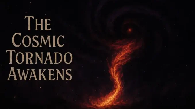 a cosmic tornado image of a swirl in space with the title a cosmic tornado awakens