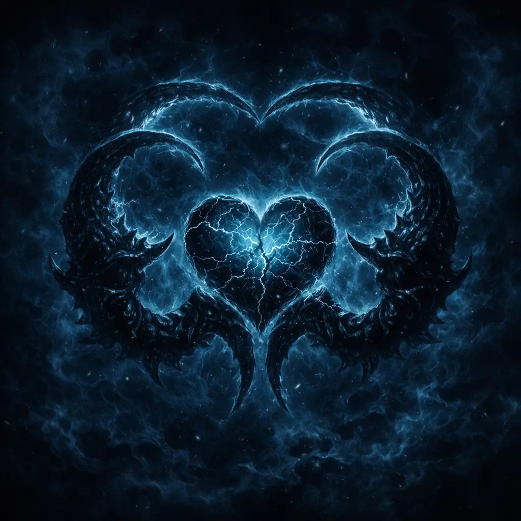 Corrupted Cancer sigil curling inward like claws, glowing with deep sea‑blue energy and surrounded by dark mist, representing the Abysmal Crab of the Dark Zodiac.
