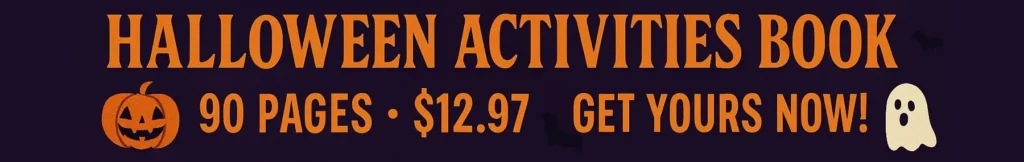 Halloween Activities Book banner advertisement featuring 90 pages for $12.97 with pumpkin and ghost graphics on dark purple background - placed on the october 2025 calendar page