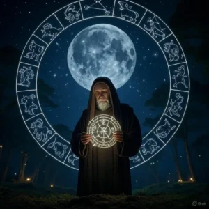 Hooded figure creating handwritten affirmations on torn parchment with candles and crystals nearby.