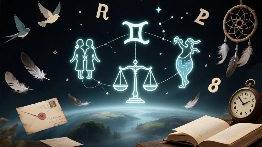 Dark astrology air signs ethereal space showing Gemini, Libra, and Aquarius symbols suspended in air with floating letters, feathers, dream symbols, books, and synchronistic messages representing how air signs receive ancestor communication through thoughts and meaningful coincidences, from the post on How to Communicate with Ancestors by Zodiac Sign