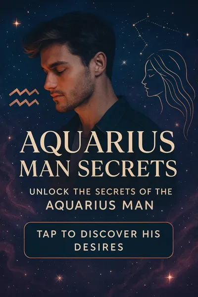 Dreamy cosmic image of an Aquarian man surrounded by symbols of stars and intellect, reflecting his emotional detachment and brilliance.