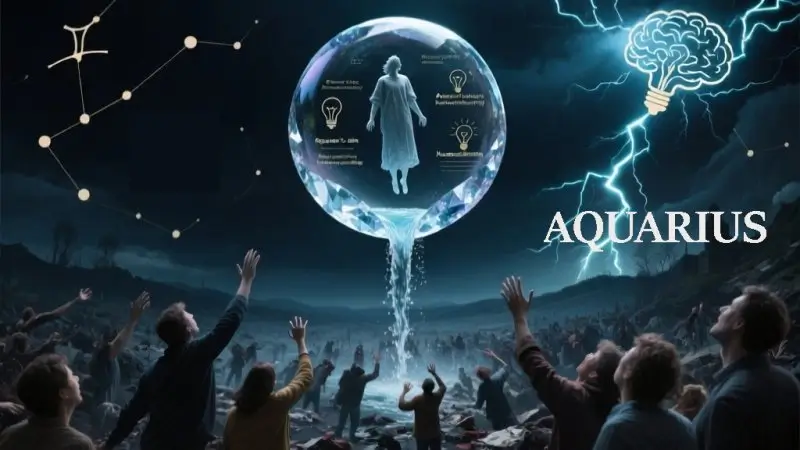 A dark astrology image showing a figure floating in a crystalline observation bubble high above the messy emotional human world, pouring water representing ideas onto people below they refuse to join. The beautiful but isolating bubble contains perfect theories and revolutionary ideas but no warmth or genuine connection. Desperate people reach up while the figure watches with cold analytical detachment. Electric blue, cold white light, digital silvers, and alienating neons with Uranus lightning symbols capture the Aquarius theme of intellectual superiority as defense mechanism and loneliness of self-imposed alienation.