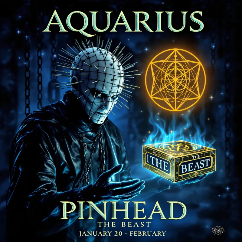 Aquarius zodiac sign as Pinhead from Hellraiser - The Beast horror character with water bearer symbol and puzzle box imagery