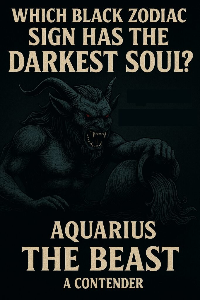 Darkest Soul -  gothic illustration of "The Beast," the Black Zodiac form of Aquarius, featuring a demonic figure pouring water from a vessel with glowing red eyes.