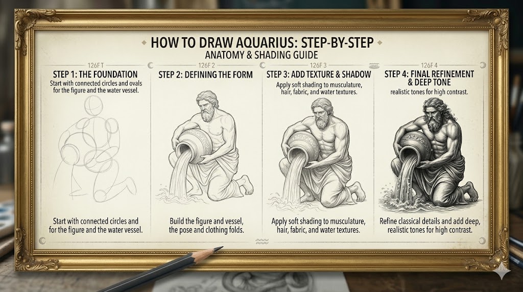 a step-by-step how to draw: a dark zodiac pencil drawing ideas for aquarius