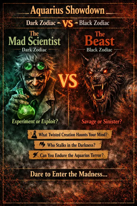zodiac showdown Aquarius pin featuring a mad scientist facing a monstrous beast.