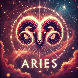 Illustration of a ram with glowing red eyes and spiraling horns, crowned by fire, symbolizing Aries as The Tyrant.