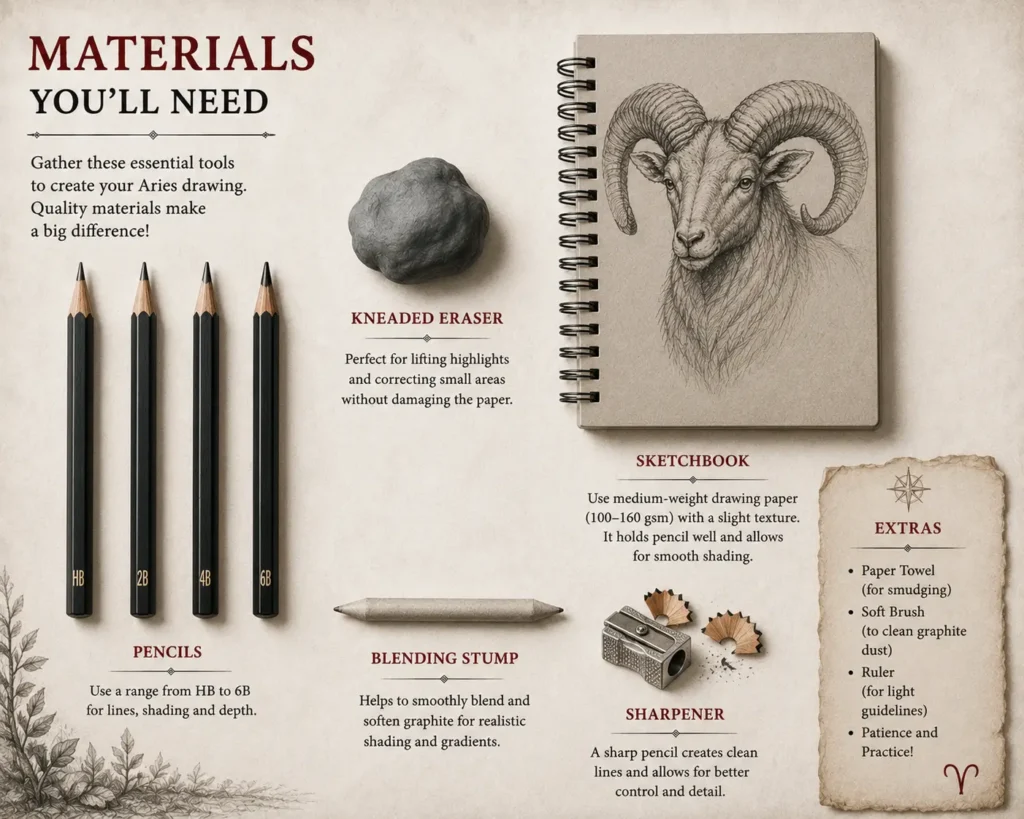 Essential art materials for drawing , including HB, 2B, 4B and 6B graphite pencils, a kneaded eraser, blending stump, sketchbook and pencil sharpener.