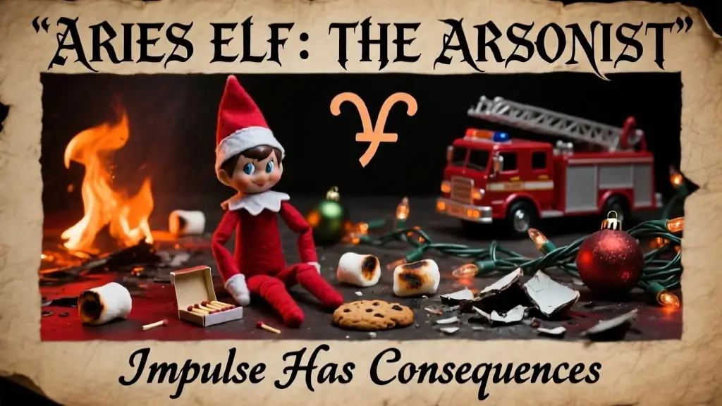 Aries Elf on the Shelf arsonist scenario with fire destruction burnt cookies broken ornaments