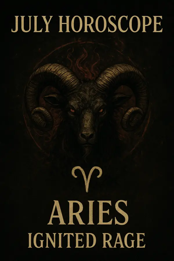 Aries July Horoscope 2025 featuring a demonic ram’s head with glowing red eyes, symbolizing fiery rage.