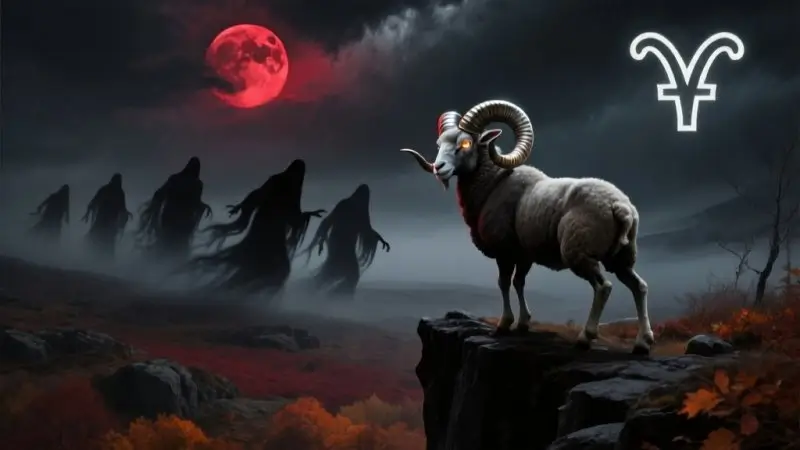 A dark astrology scene showing a fierce ram with glowing eyes standing at a shadowy cliff edge, looking back at pursuing spectral figures emerging from mist representing unresolved secrets. The barren rocky landscape features November's dying autumn colors in deep crimson and burnt orange against charcoal blacks, with a blood-red moon in a stormy sky. Gothic occult aesthetic captures the Aries theme of confronting the past that finally catches up. November Horoscope Secrets