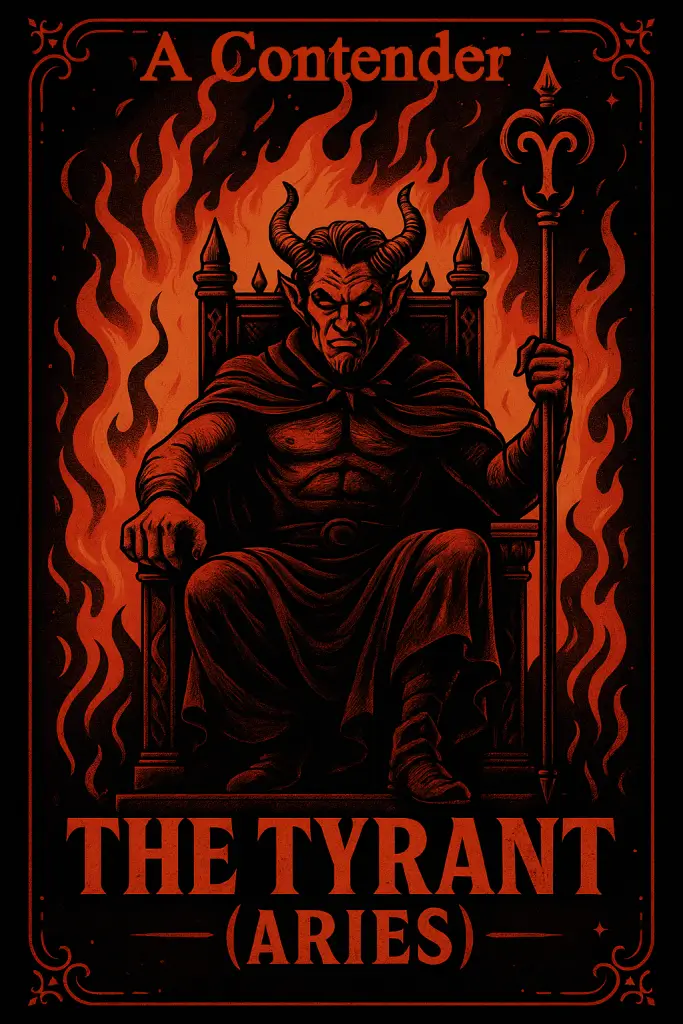 Darkest soul - Dark gothic illustration of Aries as The Tyrant, a horned, warlike figure seated on a burning throne, symbolizing domination, rage, and unchecked power.