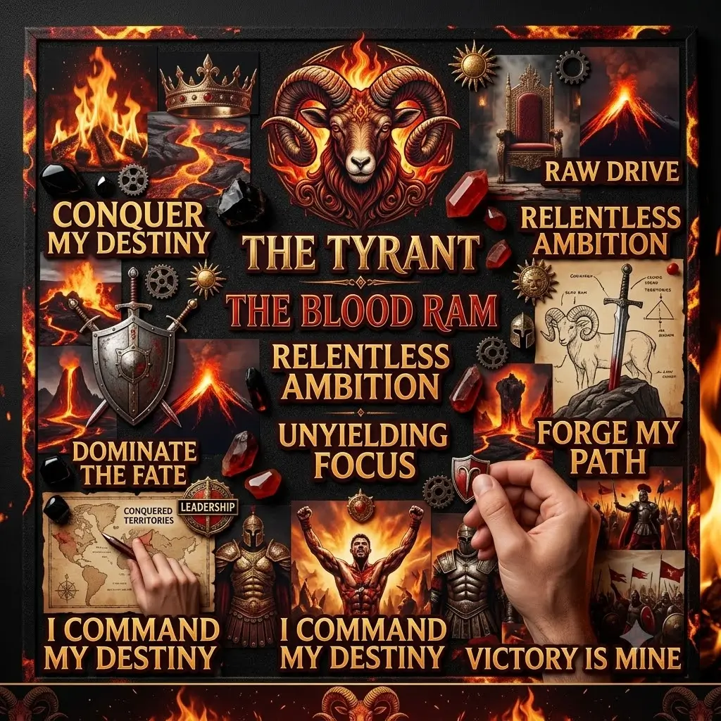 A dramatic 1:1 dark-mode vision board for Aries featuring a blood ram, molten lava, crowns, and a sword, with gold text reading "THE TYRANT" and affirmations like "VICTORY IS MINE".