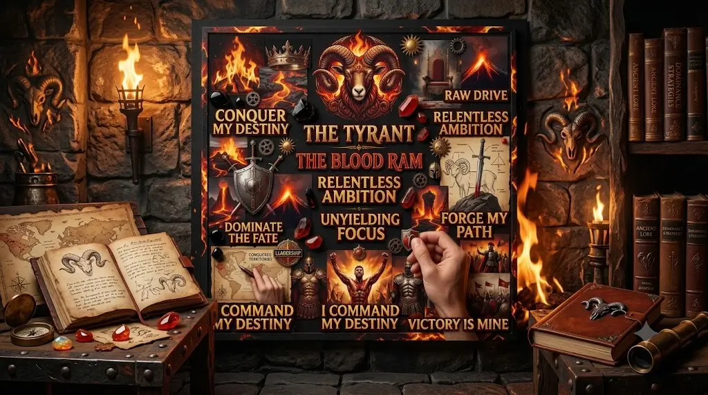 A 16:9 landscape banner showing the detailed Aries vision board from image_4.png hanging in a dark, ancient stone study lit by torches and a fireplace. The board features the Blood Ram, "THE TYRANT" text, and multiple affirmations.
