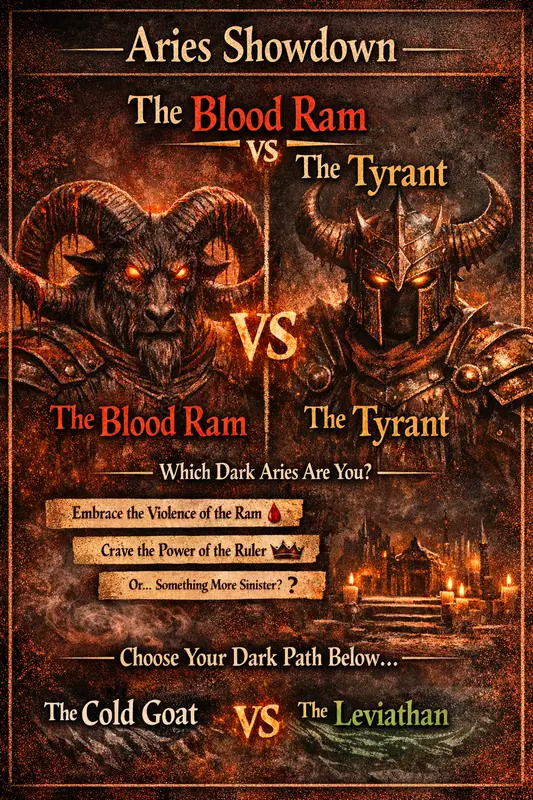 zodiac showdown Illustration of Aries as the Blood Ram facing the Tyrant, with fiery colors and dark fantasy styling
