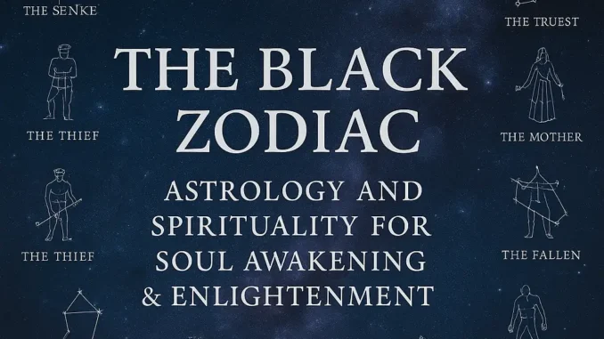 The Black Zodiac – Astrology and Spirituality for Soul Awakening & Enlightenment Square celestial artwork with star constellations and symbolic figures surrounding the title “The Black Zodiac: Astrology and Spirituality for Soul Awakening & Enlightenment” on a starry cosmic background.