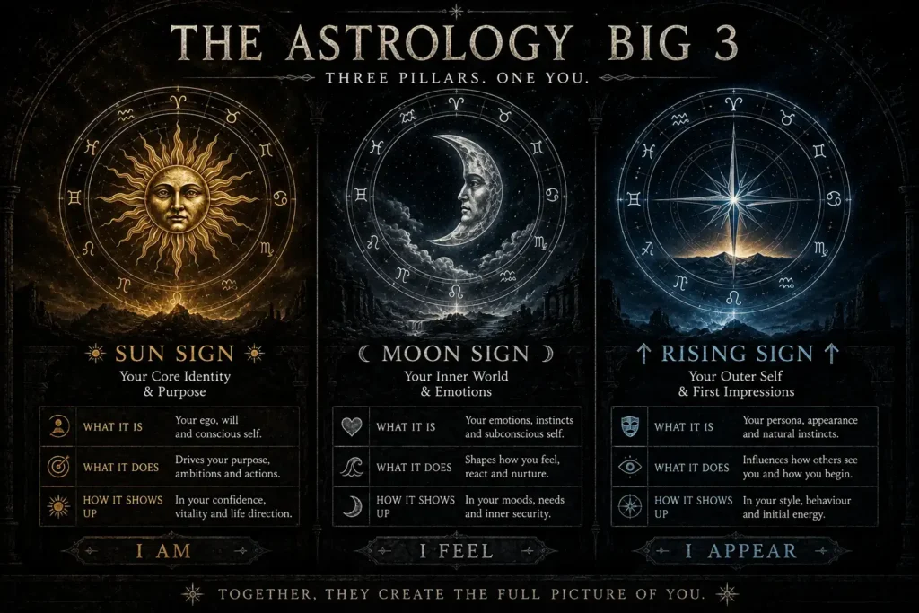A comparison infographic showing the Astrology Big 3 with the Sun Sign representing identity and purpose, the Moon Sign representing emotions and the inner self, and the Rising Sign representing first impressions and the outer self in a dark fantasy celestial design.
