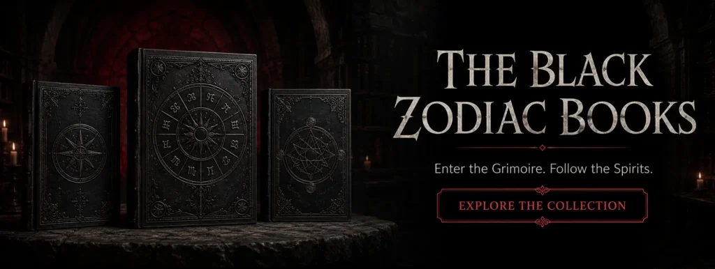 Three Black Zodiac books with an invitation to explore the complete collection