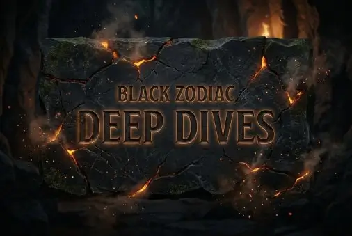 Black Zodiac Deep Dives — stone tablet with ember cracks and carved text