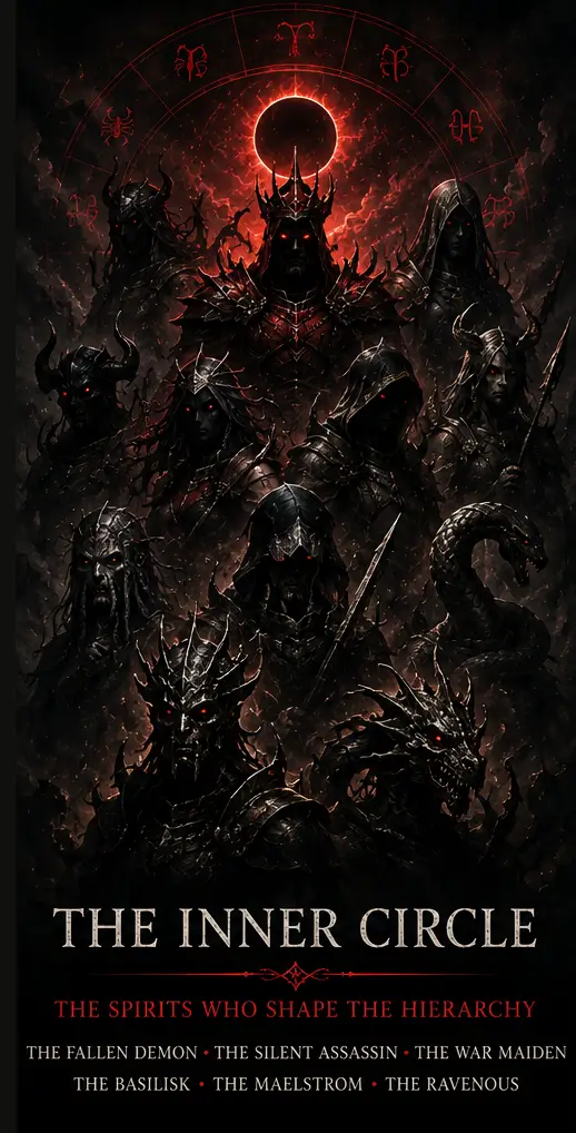 The Inner Circle of the Black Zodiac hierarchy featuring powerful cursed spirits including The Fallen Demon, The Silent Assassin, The War Maiden, The Basilisk, The Maelstrom, and The Ravenous gathered beneath a dark eclipse.