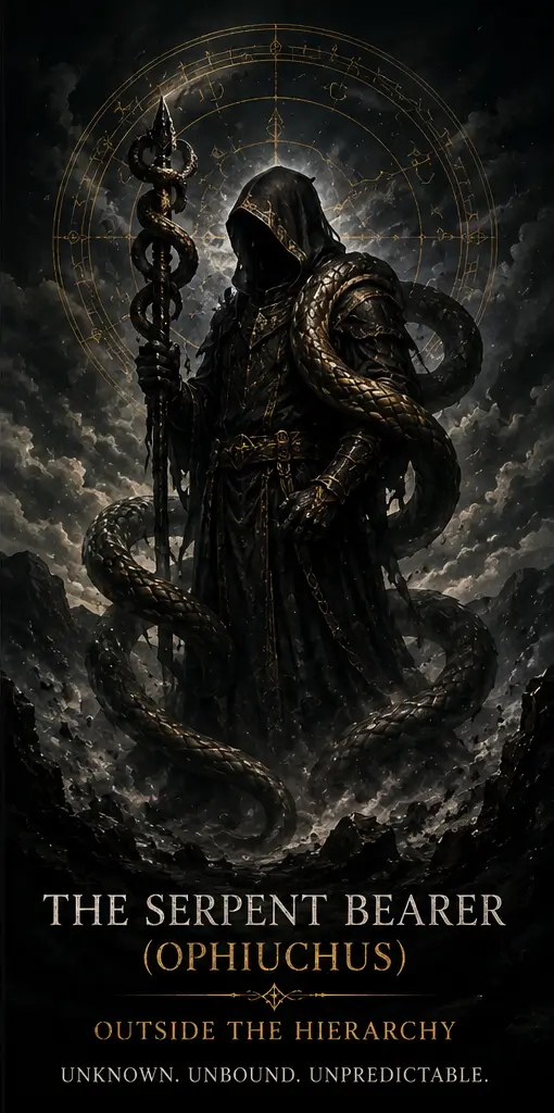 Ophiuchus, the Serpent Bearer of the Black Zodiac, stands surrounded by coiling serpents and ancient symbols, representing the mysterious spirit that exists beyond the established Black Zodiac hierarchy.