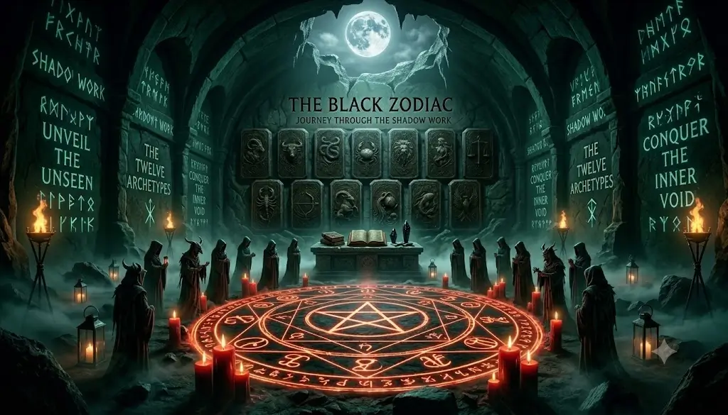 A wide-angle interior view of a dark, atmospheric gothic cavern. In the foreground, twelve hooded and cloaked figures gather in a circle around a glowing red ritual pentacle on the stone floor, ringed by lit candles and lanterns. In the middle ground is an altar with ancient books, and behind it, a wall of twelve stone tablets, each with an ornate zodiac or occult symbol. Text above the wall reads: "THE BLACK ZODIAC" and "JOURNEY THROUGH THE SHADOW WORK." Large panels of the cavern walls are covered in glowing teal runic and English script with the phrases "SHADOW WORK," "UNVEIL THE UNSEEN," "THE TWELVE ARCHETYPES," and "CONQUER THE INNER VOID." A full moon is visible through a crack in the vaulted stone ceiling. The mood is dark, mysterious, and serious.