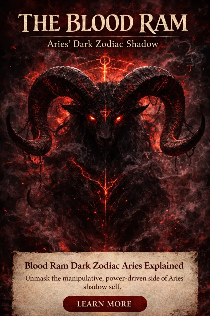 Shadowy Blood Ram creature emerging from darkness with glowing ember‑red eyes, twisted horns, and swirling smoke, symbolizing the Dark Zodiac Aries.