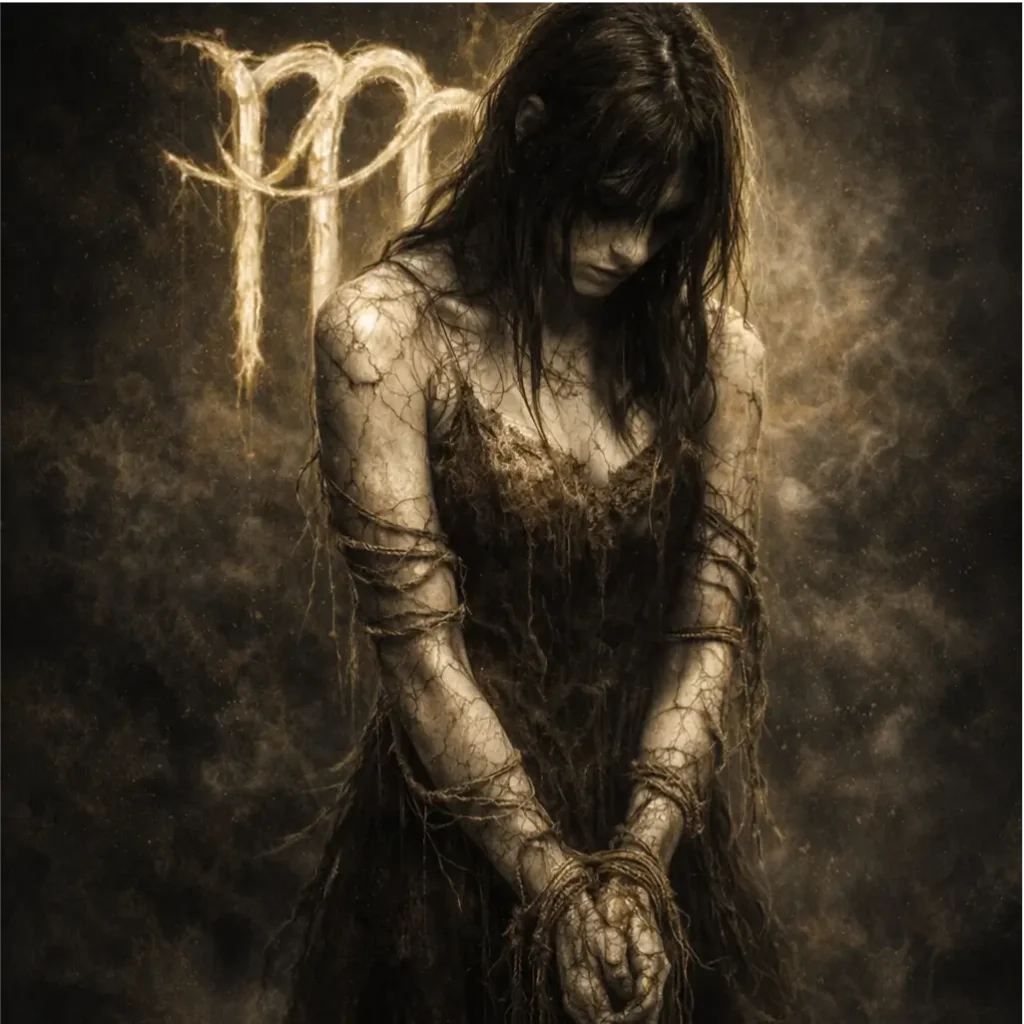 Shadowy maiden‑like figure with cracked skin and tangled threads binding her arms, symbolizing the Broken Maiden of the Dark Zodiac Virgo.