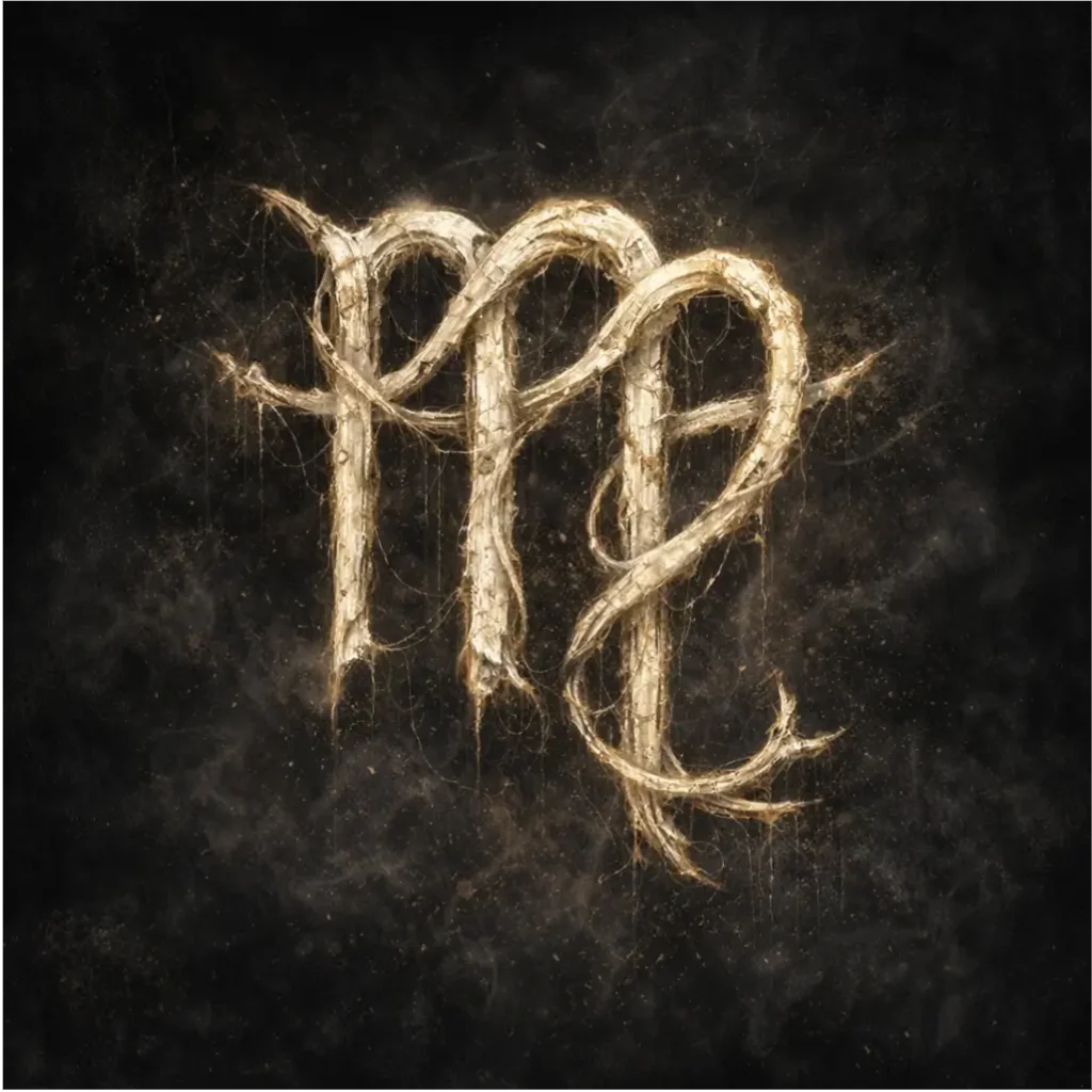 Corrupted Virgo sigil twisted into a knotted, frayed shape, glowing bone‑white and faded gold, surrounded by soft shadow and dust.