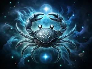 Cracked moon above a tidal wave with a shield-bearing crab rising from deep water for cancer zodiac sign