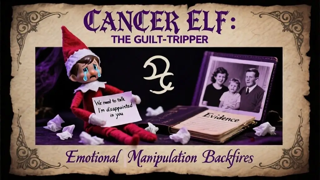 Cancer Elf on the Shelf guilt tripper scenario with tissues emotional manipulation passive aggressive