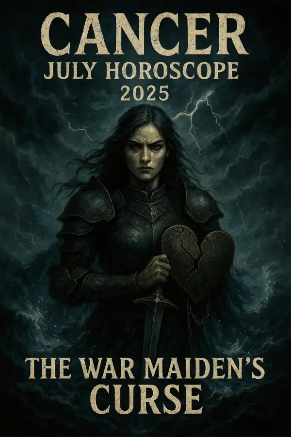 Cancer July Horoscope 2025 featuring a fierce, armored War Maiden holding a cracked heart, set against a stormy, emotional backdrop.